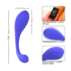 Discreet pelvic floor trainer infographic displaying wireless app control and sizing.