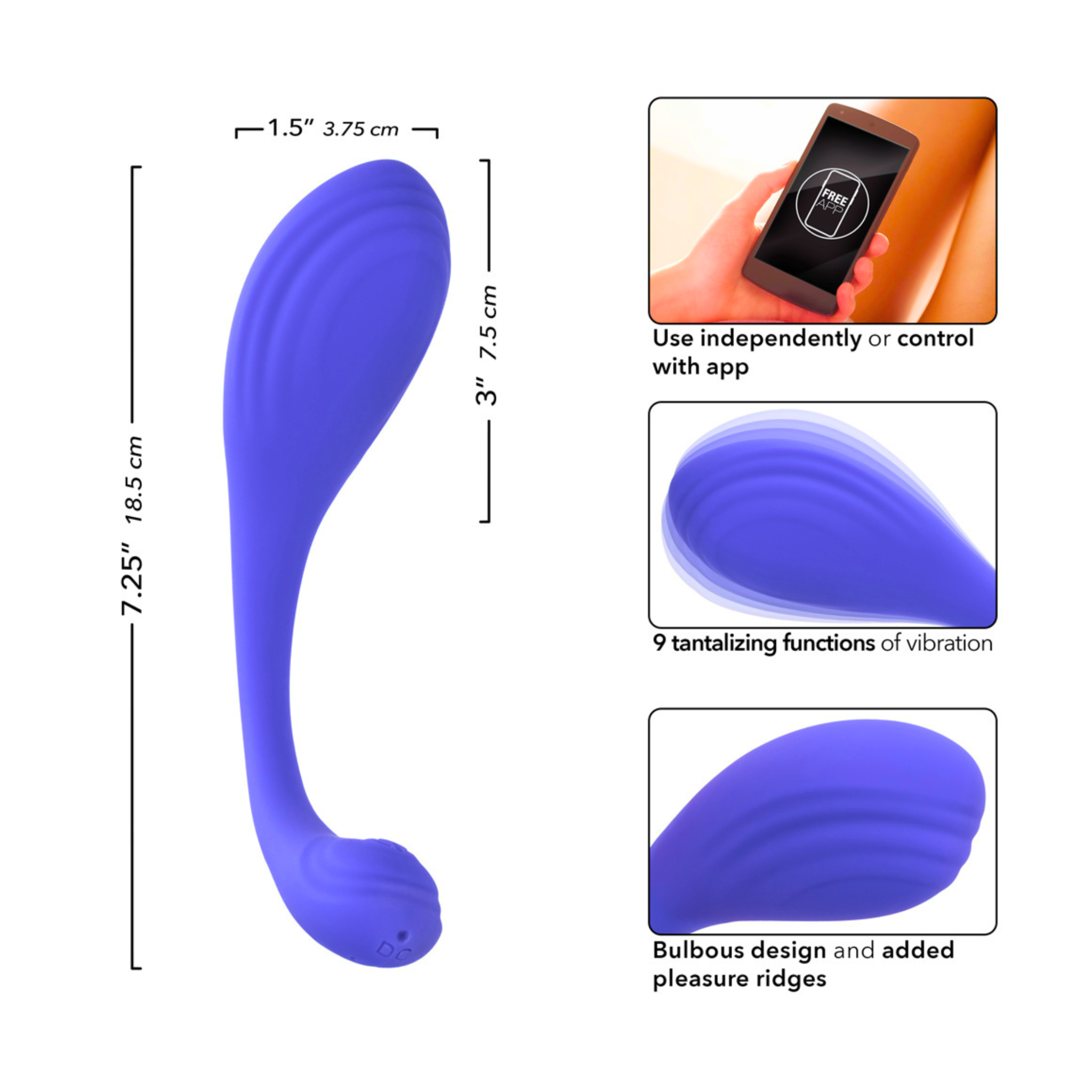 Discreet pelvic floor trainer infographic displaying wireless app control and sizing.