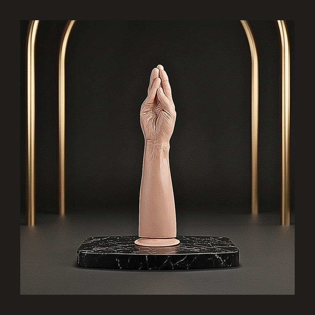 Ergonomic hands-free dilation tool displayed on a black marble plinth for pelvic wellness.
