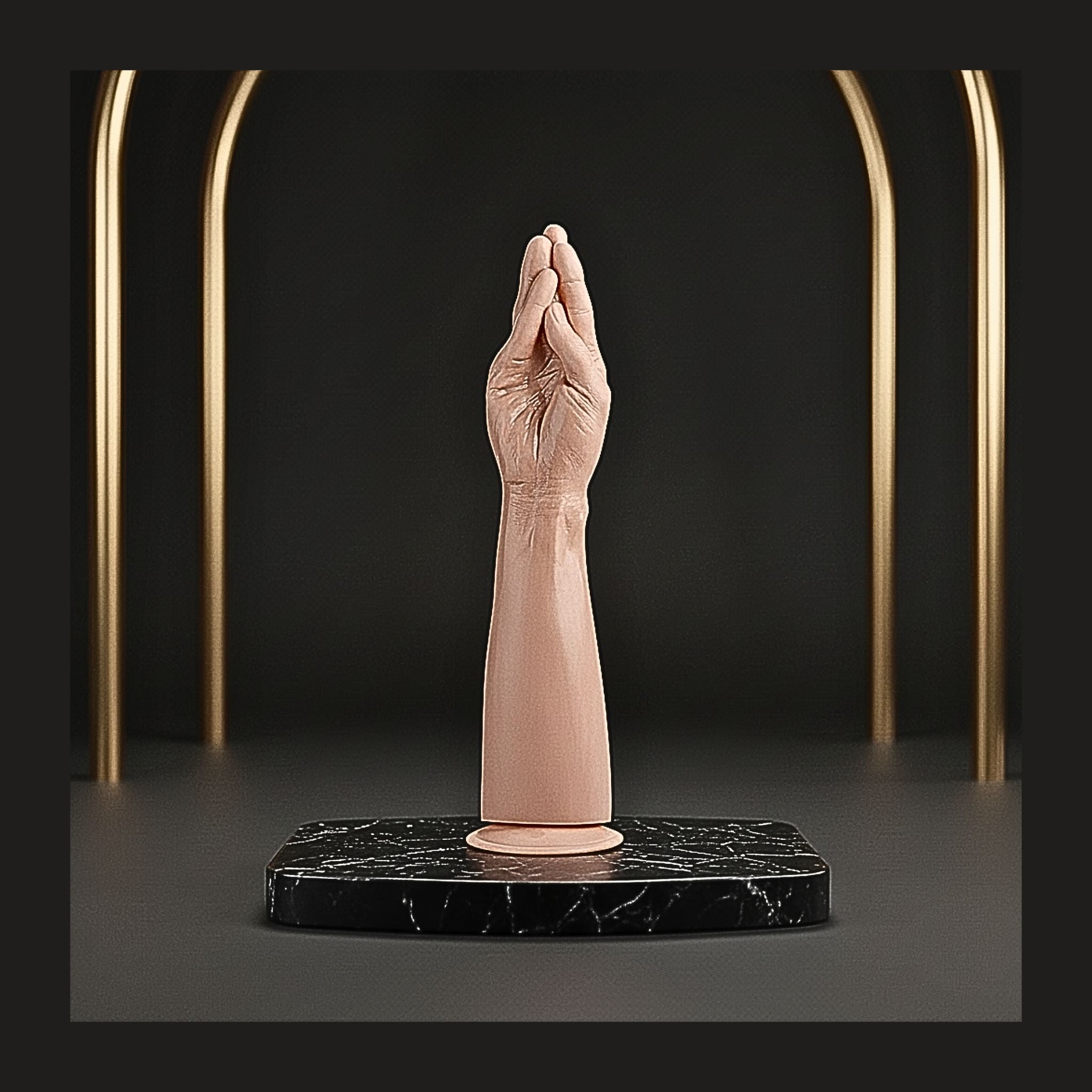 Ergonomic hands-free dilation tool displayed on a black marble plinth for pelvic wellness.