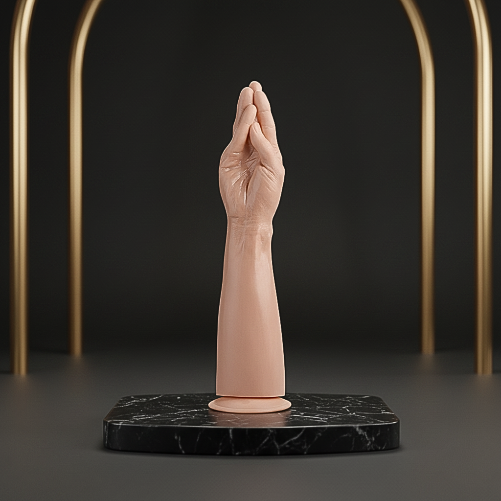 Ergonomic hands-free dilation tool displayed on a black marble plinth for pelvic wellness.