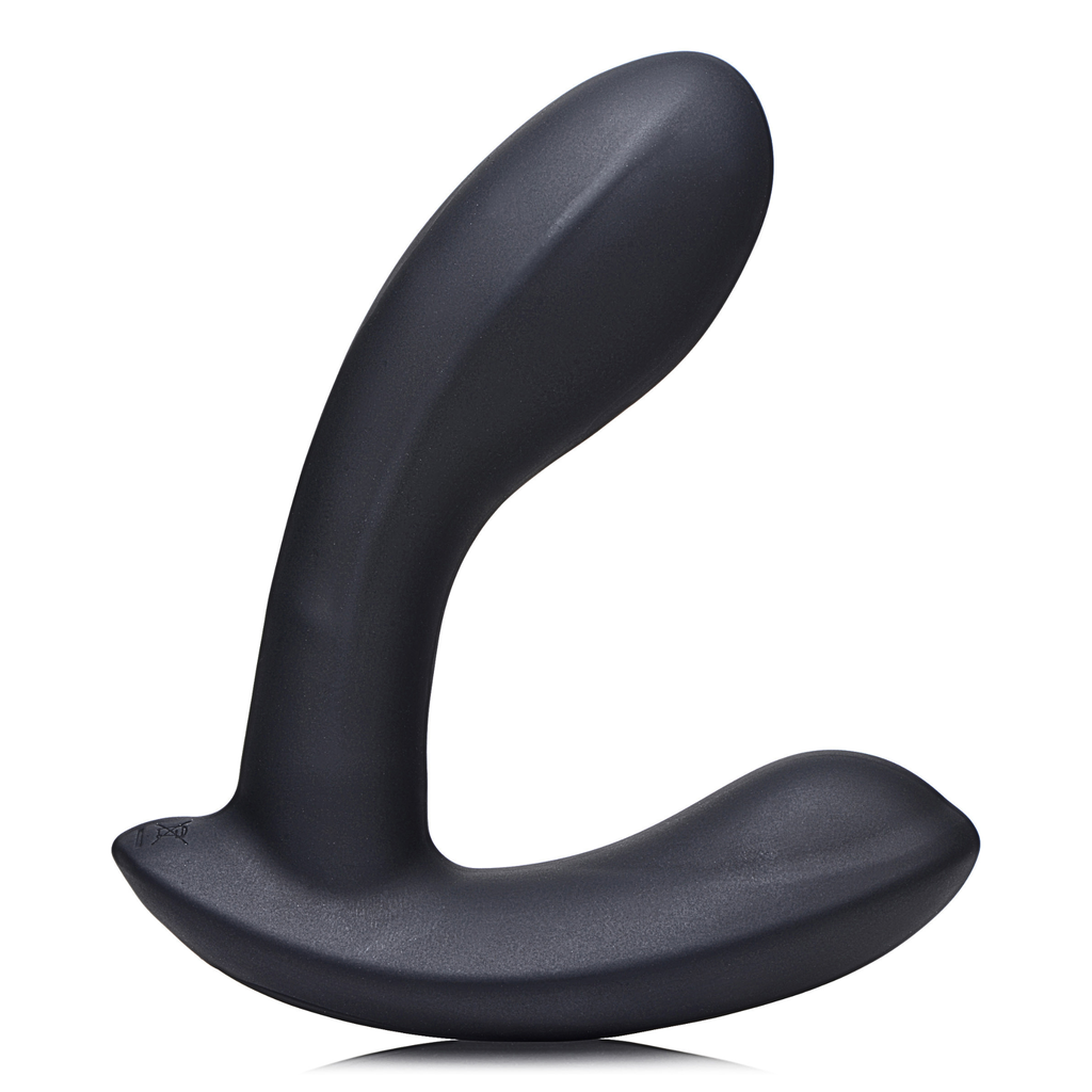 Ergonomic prostate wellness massager in black silicone for ambulatory wellness.