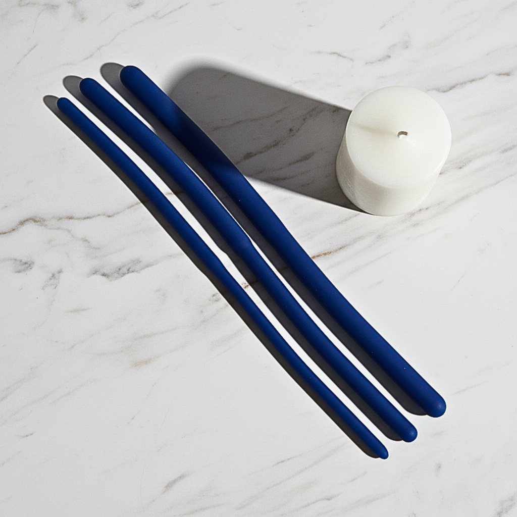Flexible silicone urethral trainers in blue resting on a white marble shelf for pelvic health.