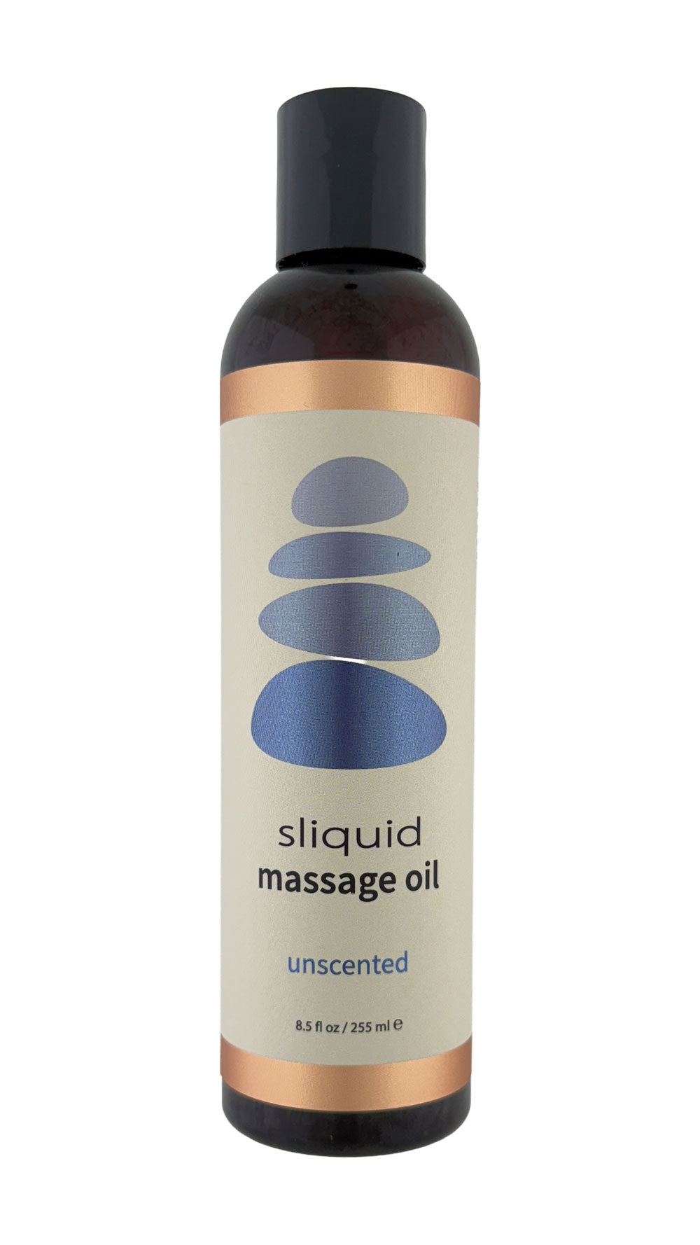Front view of Sliquid Balance 8.5oz massage oil bottle on a pure white background for clear product identification.