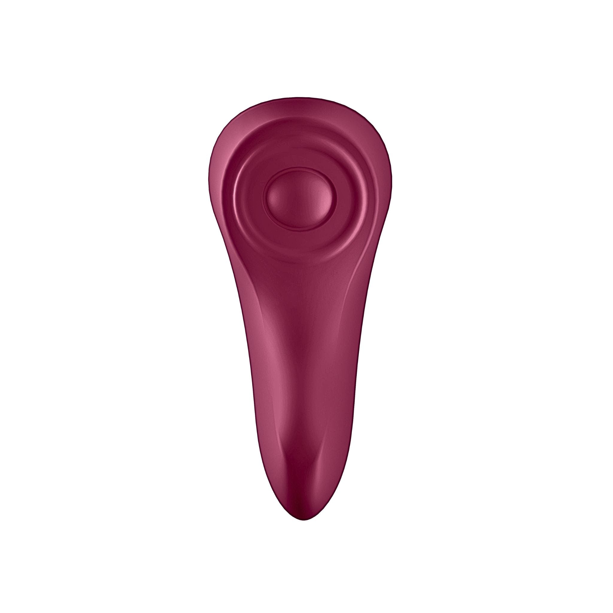 Front view of a red silicone wellness tool, with a wide, circular Discreet Sensory Pulse pad and ergonomic, body-contoured shape.