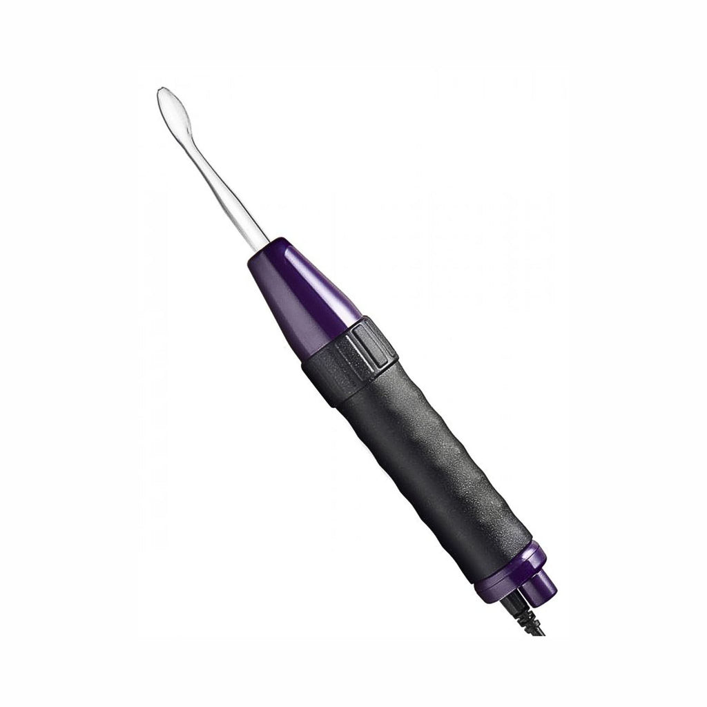 Glowing purple glass wand attachment for ambient light therapy and tactile feedback.