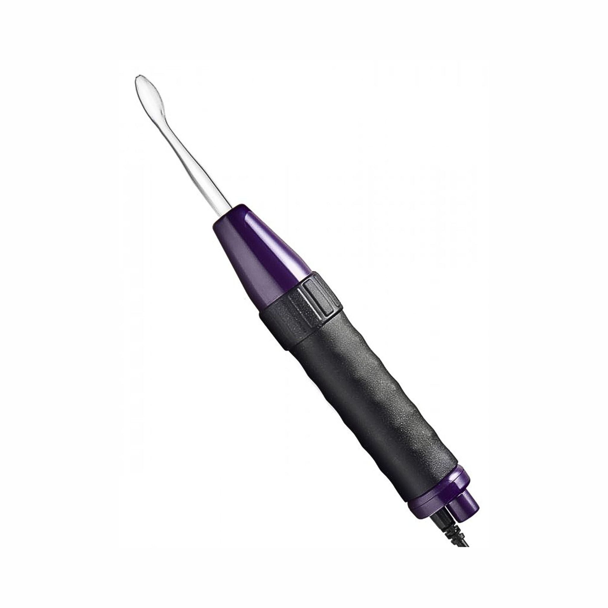 Glowing purple glass wand attachment for ambient light therapy and tactile feedback.