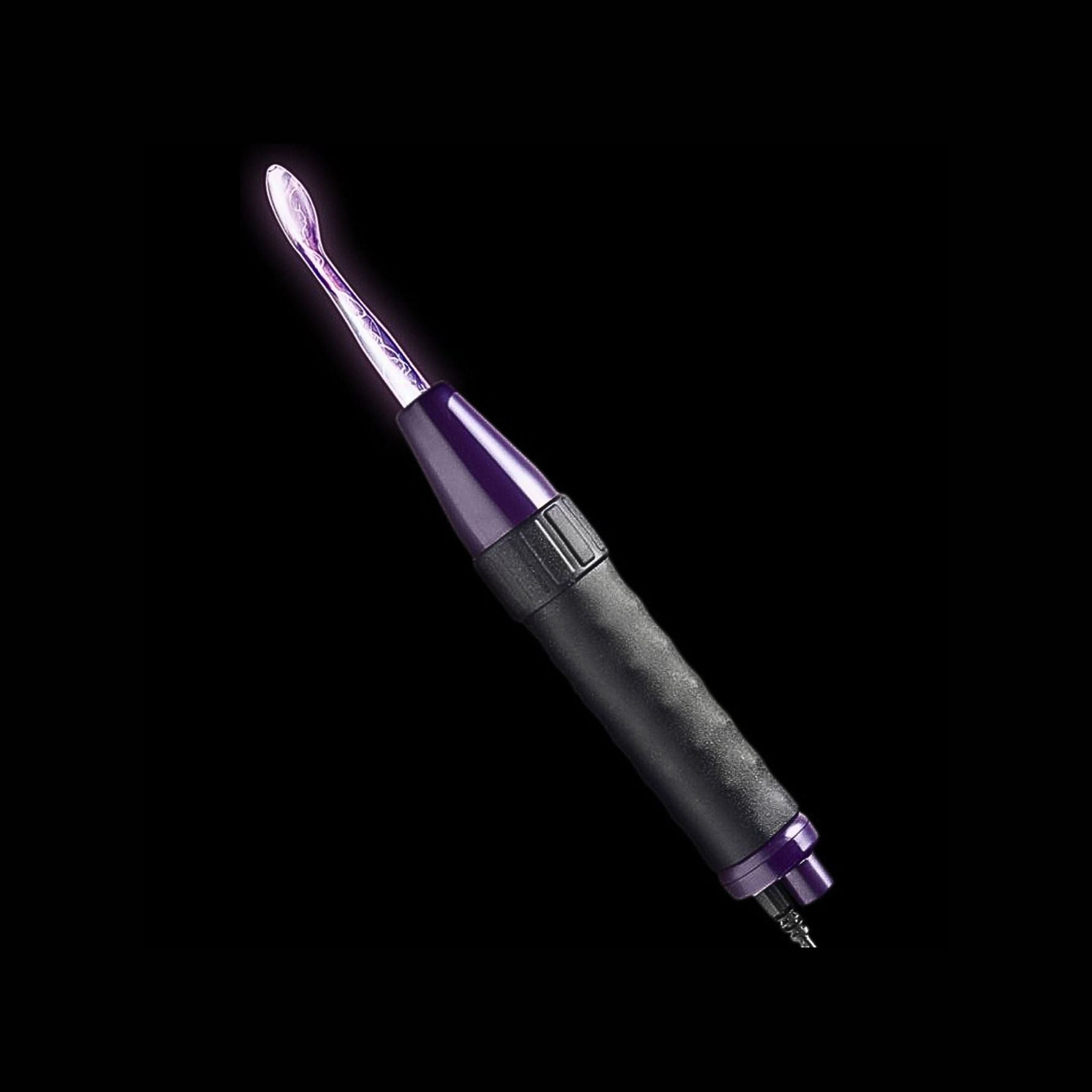Glowing purple glass wand with ambient light therapy and for neurodivergent intimate wellness.