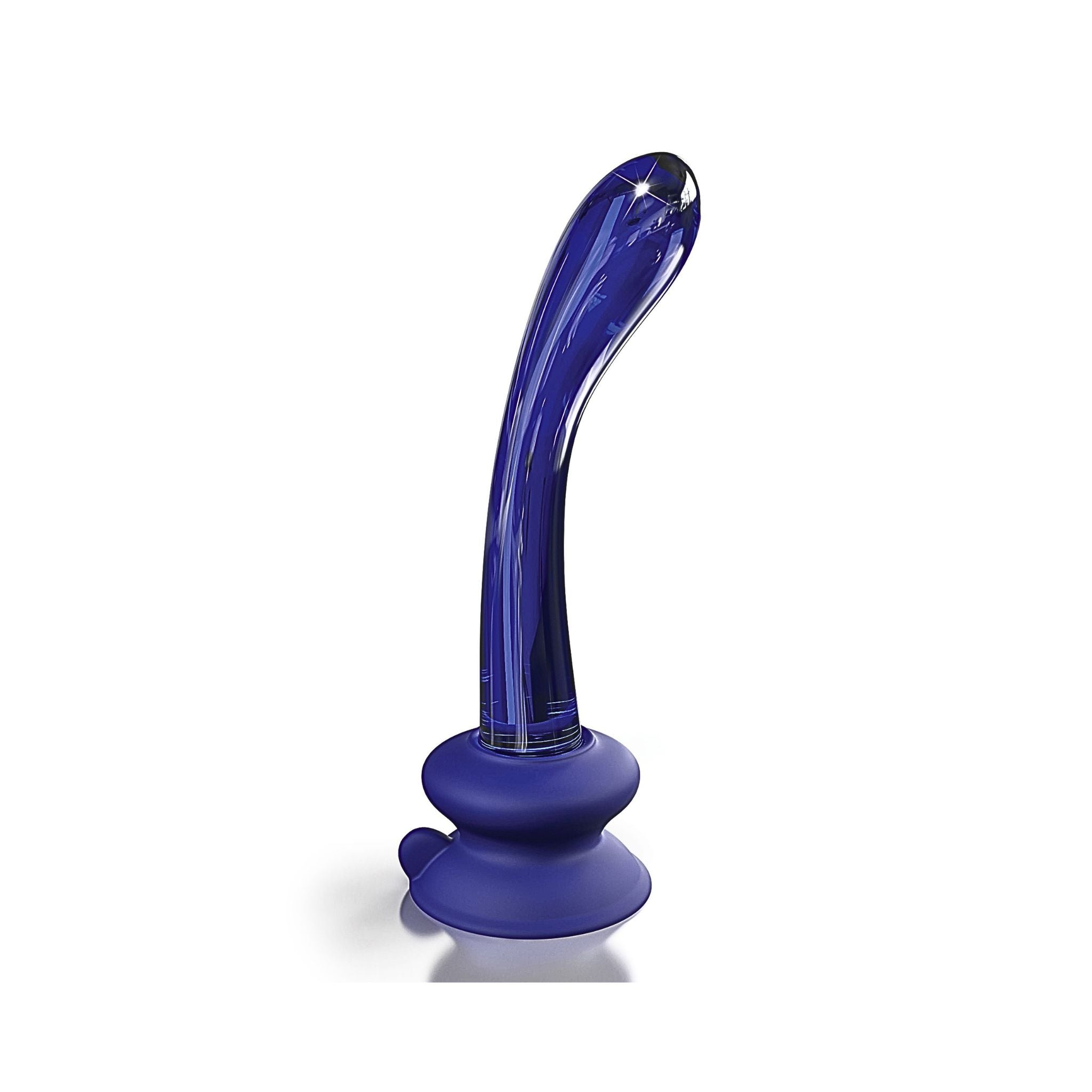 Hands-free glass wellness wand and silicone suction base standing upright on a white background.