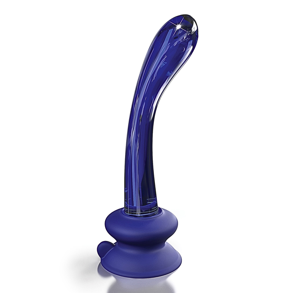 Hands-free glass wellness wand and silicone suction base standing upright on a white background.