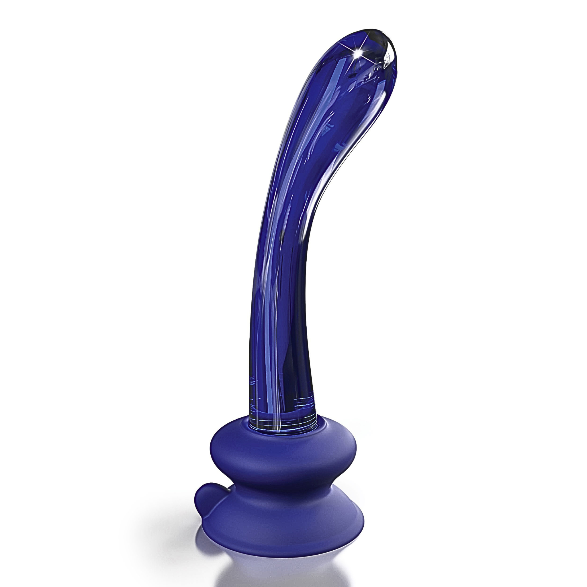 Hands-free glass wellness wand and silicone suction base standing upright on a white background.