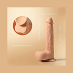 Heated adaptive sensory massager in soft beige displayed with a secure hands-free base and charging port.