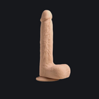 Heated adaptive sensory massager in soft beige displayed with a secure hands-free base in a dark background.