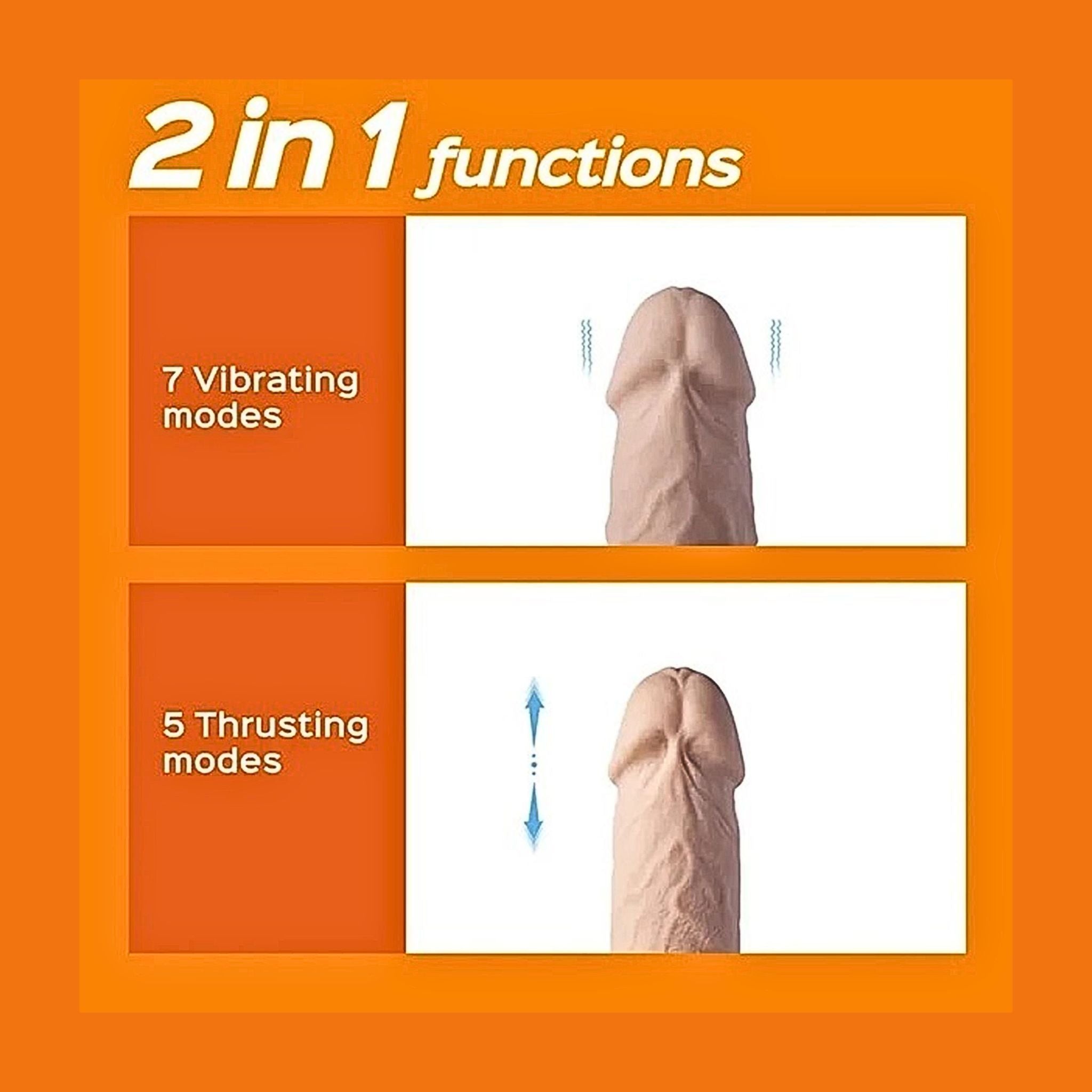 Inclusive massager infographic detailing reciprocating motion and percussion modes.