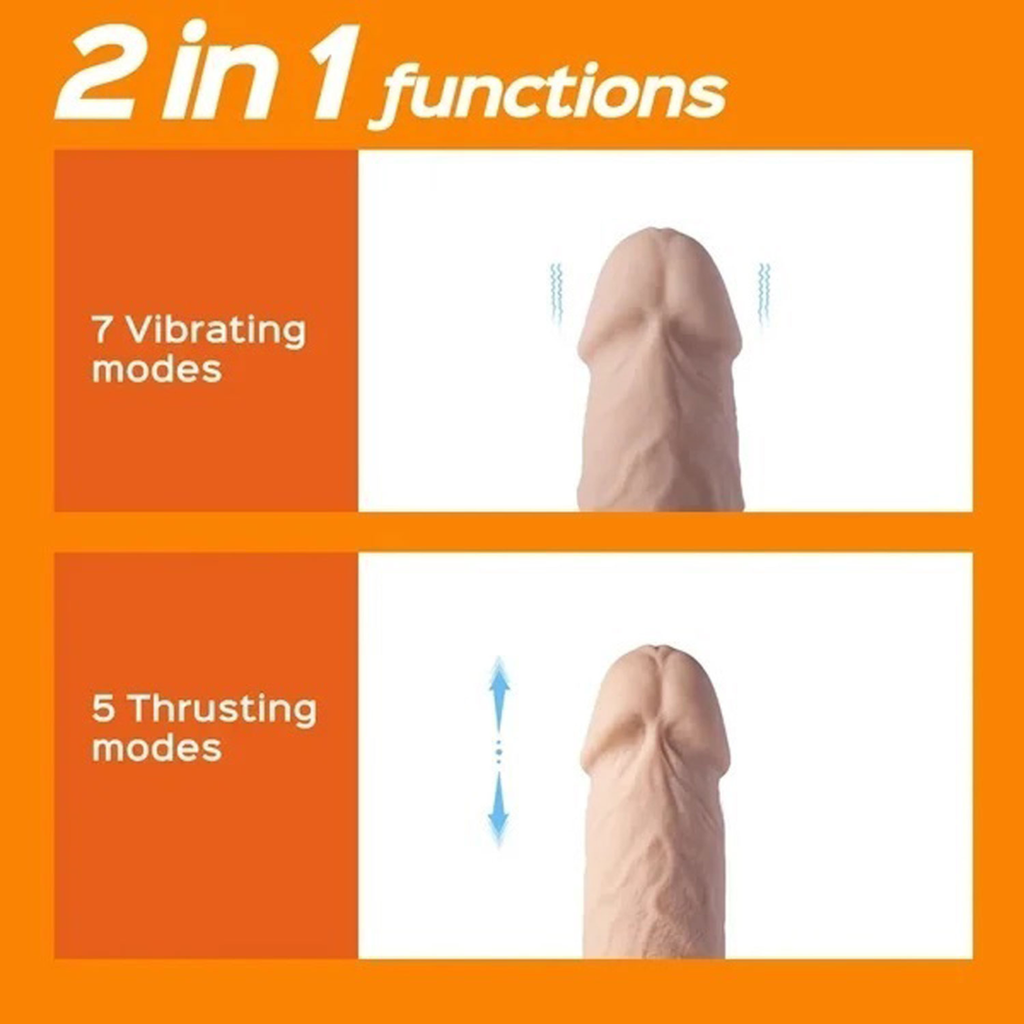 Inclusive massager infographic detailing reciprocating motion and percussion modes.