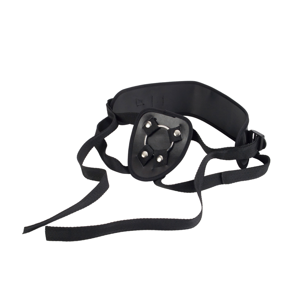 Inclusive pelvic health support harness in black for comfortable gender affirming care.