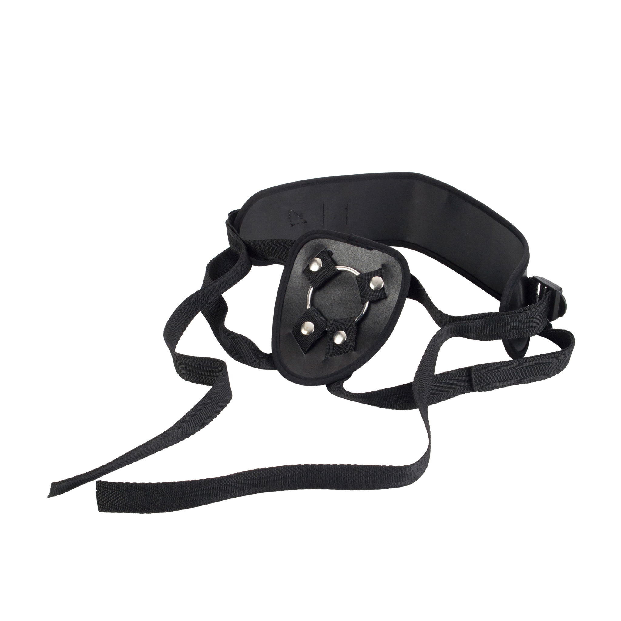 Inclusive pelvic health support harness in black for comfortable gender affirming care.