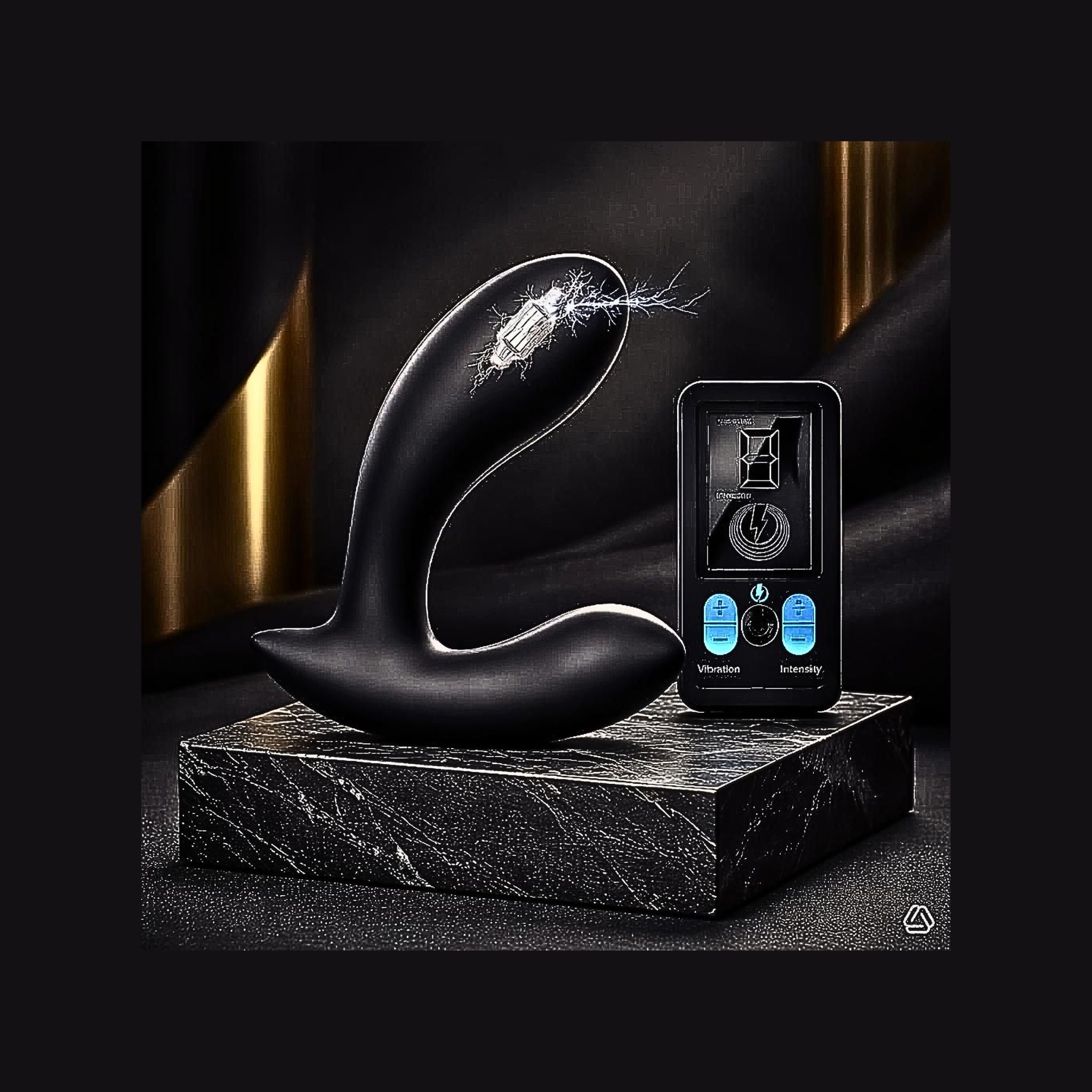 Inclusive prostate wellness massager in black silicone on a marble plinth for pelvic health.