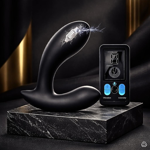 Inclusive prostate wellness massager in black silicone on a marble plinth for pelvic health.