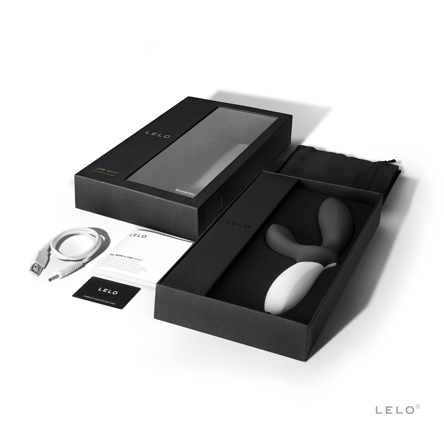 Lelo Loki Wave prostate massager in open box with a charging cable and body safe silicone.