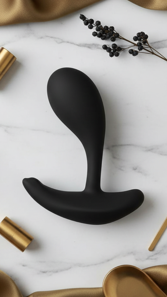 Macro close-up of the Oly 2 massager's silicone texture. Draped gold silk creates complex highlights on the non-porous matte black acknowledging the External Percussive Relief