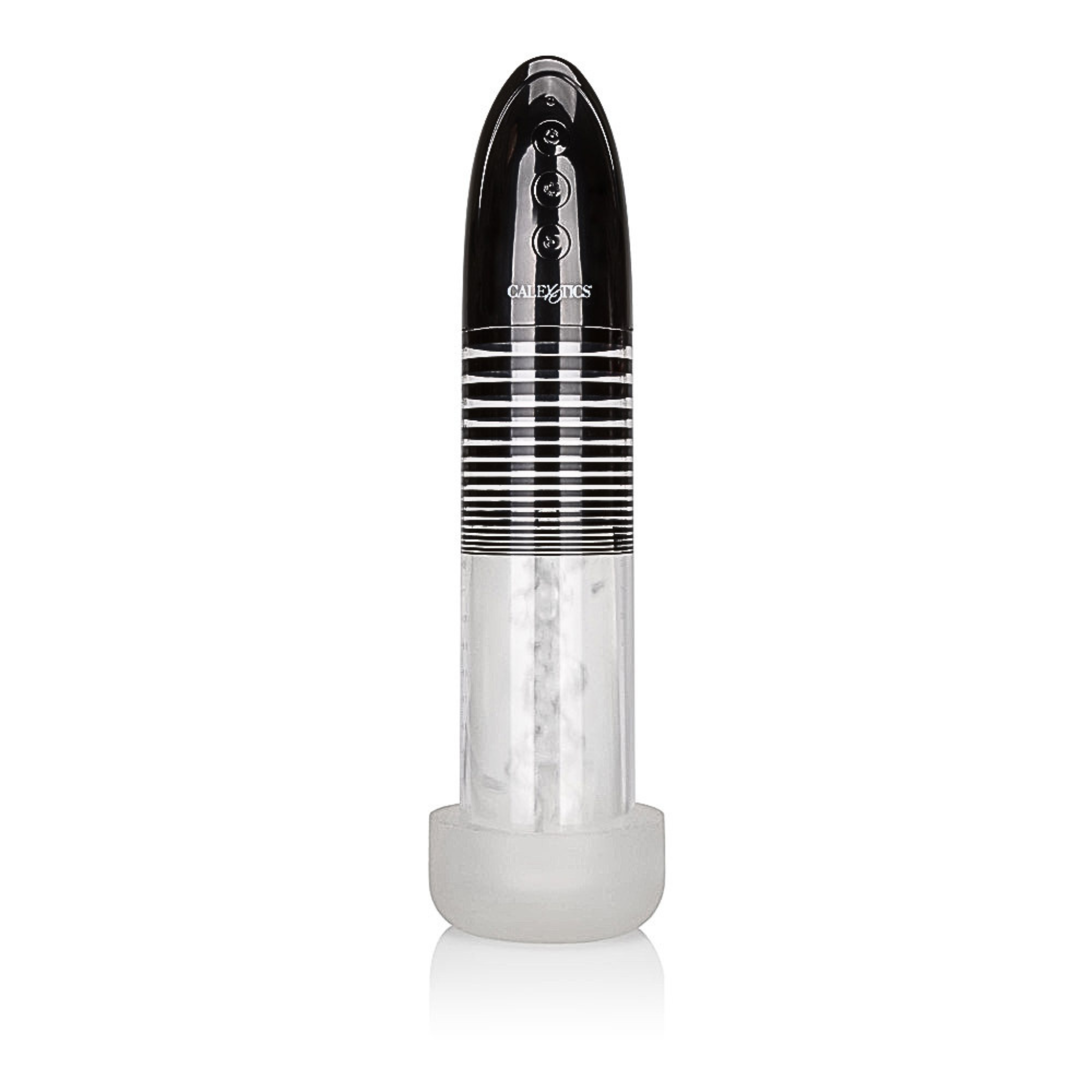 Motorized adaptive intimacy smart pump in clear and black for vascular expansion.