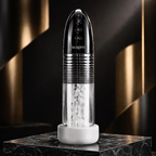 Motorized adaptive intimacy smart pump in clear and black on a marble plinth for PRM.