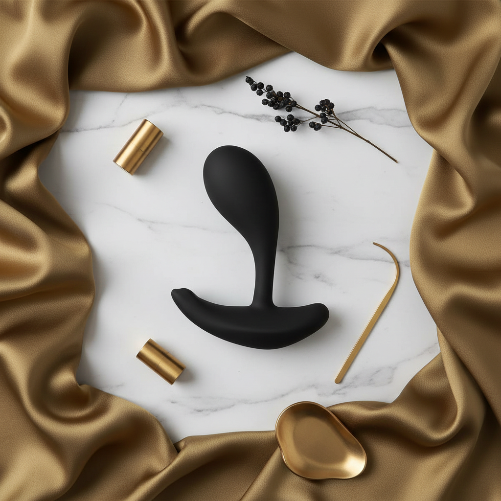 Oly 2 wearable massager and pelvic wellness tool styled on white marble with gold silk.