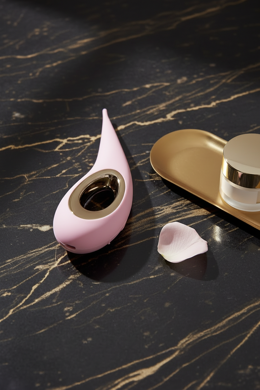 Precise external stimulation and pelvic wellness device in pink. Shown on black marble with luxury gold accents for sensory-friendly comfort.