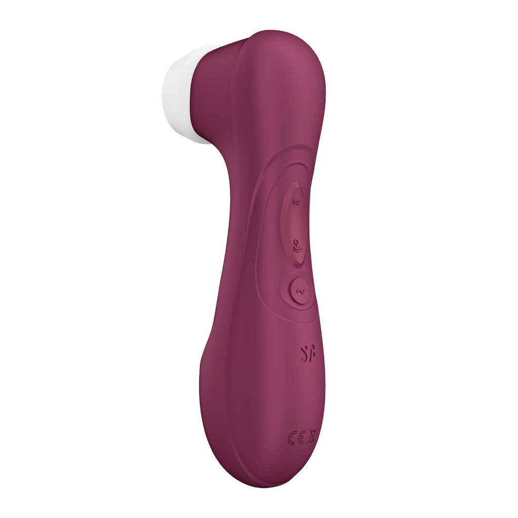 Side and back view of the wine red Satisfyer Pro 2 Generation 3 on a plain white background. The curved back features a control panel with three raised buttons designed for easy touch navigation.