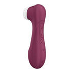Side and back view of the wine red Satisfyer Pro 2 Generation 3 on a plain white background. The curved back features a control panel with three raised buttons designed for easy touch navigation.