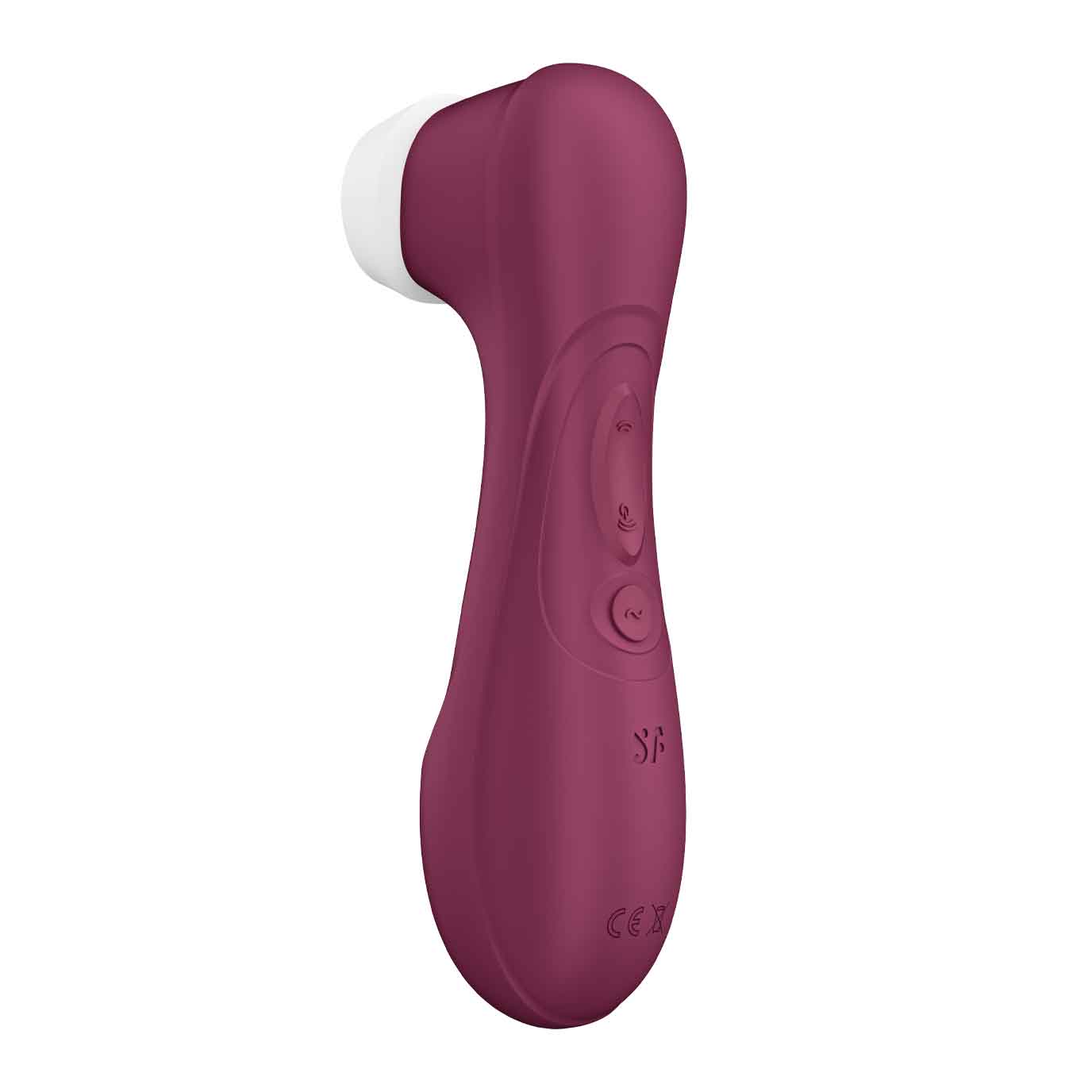 Side and back view of the wine red Satisfyer Pro 2 Generation 3 on a plain white background. The curved back features a control panel with three raised buttons designed for easy touch navigation.