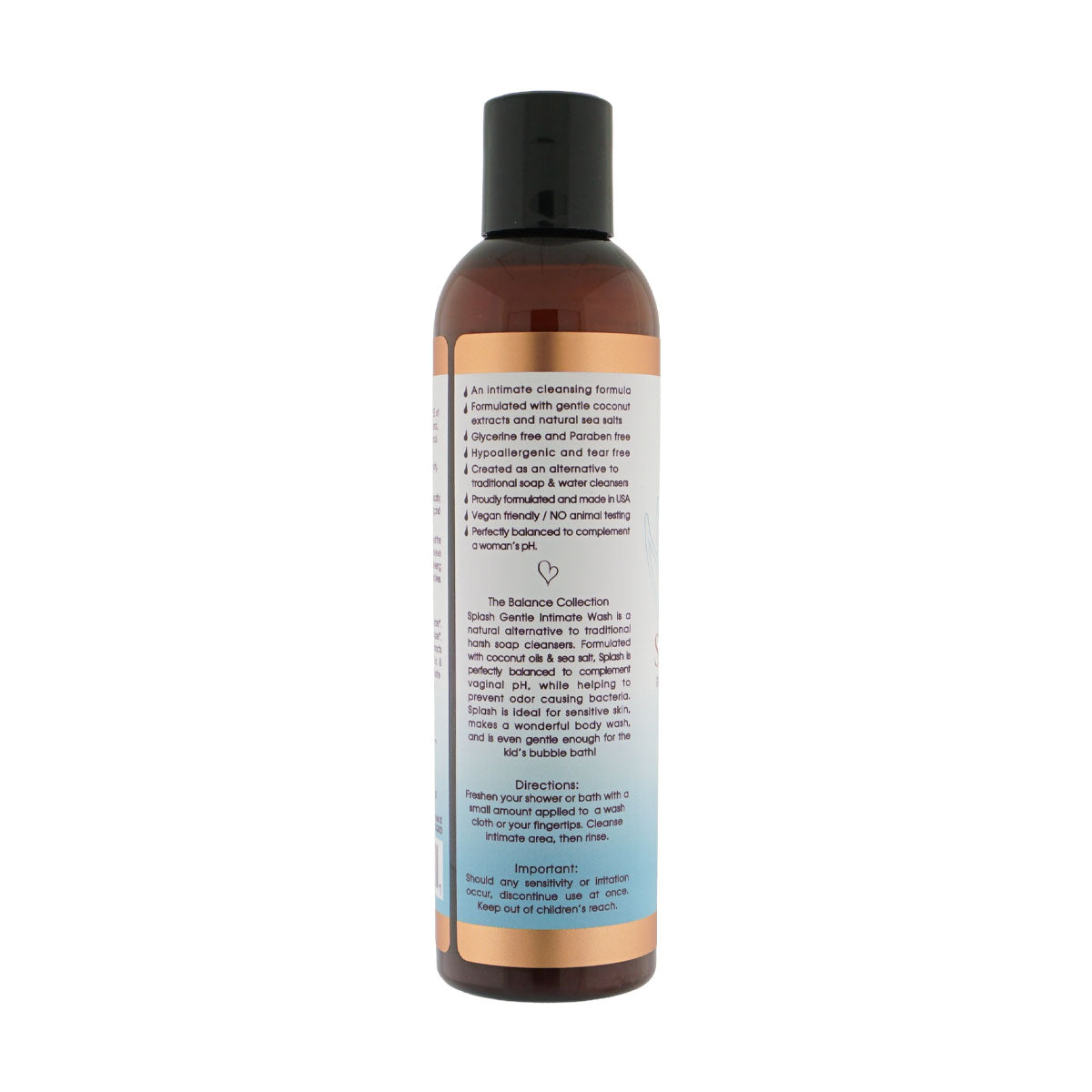 Sliquid Balance Splash Unscented bottle: Gentle intimate wash formulated with coconut oil and sea salt. 8.5 fl oz.