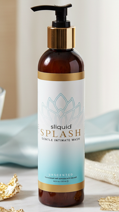 Sliquid Balance Splash Unscented luxury close-up display on marble with gold leaf and blue silk. Gentle, pH-balanced intimate wash pump bottle, 8.5 fl oz.