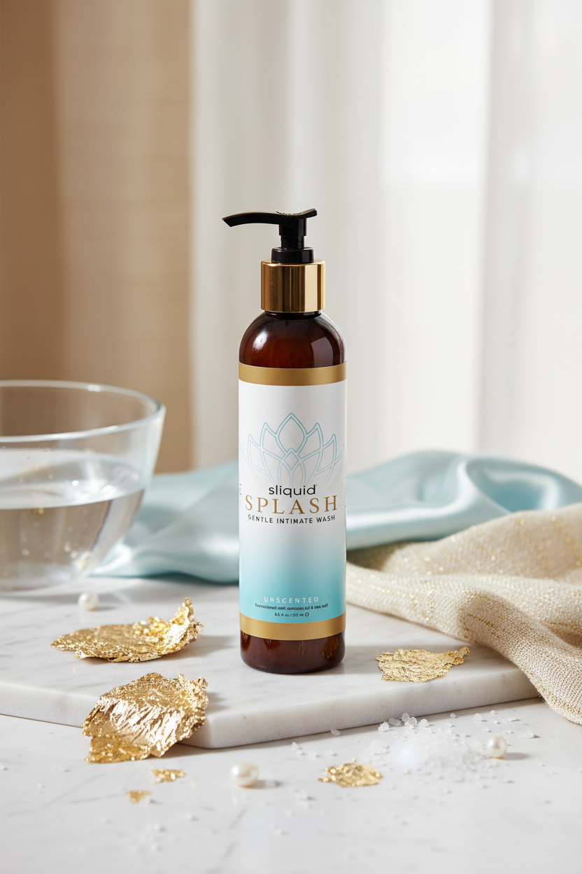 Sliquid Balance Splash Unscented luxury display on marble with gold leaf and blue silk. Gentle, pH-balanced intimate wash pump bottle, 8.5 fl oz.