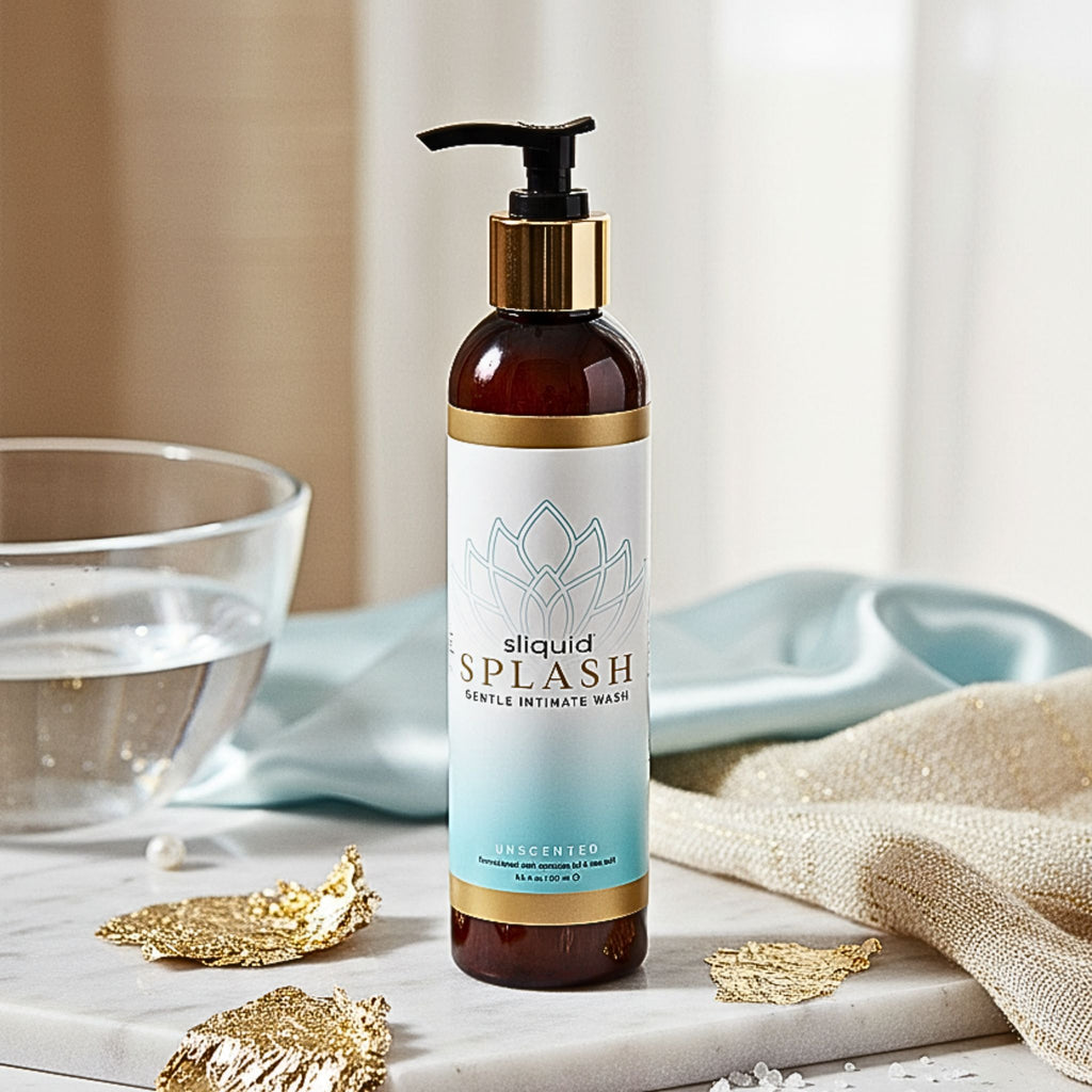 Sliquid Balance Splash Unscented on marble with gold leaf accents. Gentle, pH-balanced intimate wash pump bottle, 8.5 fl. oz.