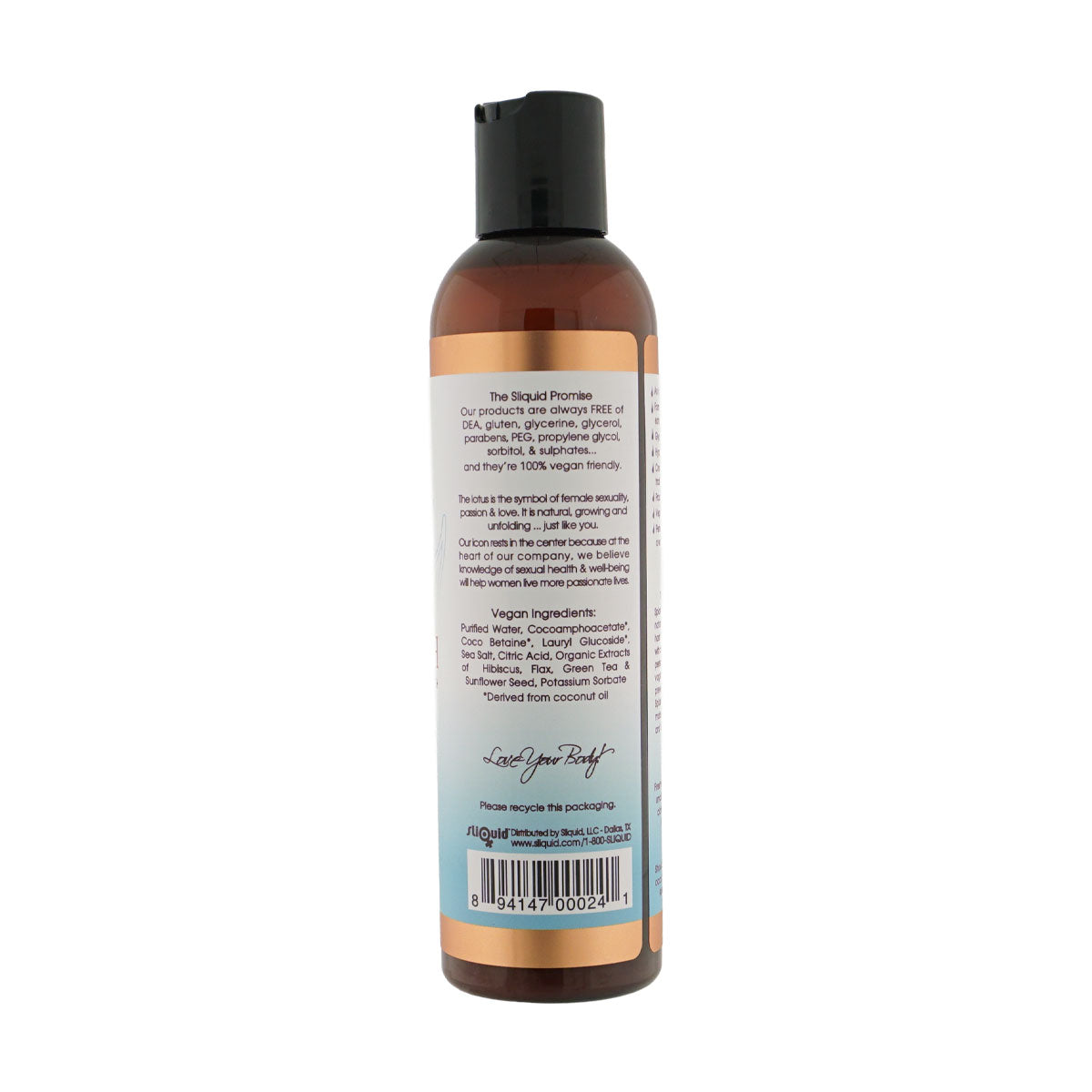 Sliquid Balance Splash Unscented vegan ingredients: Purified water, coconut-derived cleansers, organic hibiscus, flax, and green tea extracts. Free of glycerin, parabens, and sulfates.