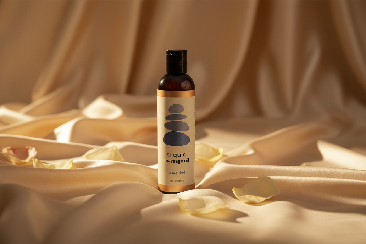 Sliquid Balance Unscented Massage Oil bottle resting on luxurious champagne silk sheets with warm golden lighting.
