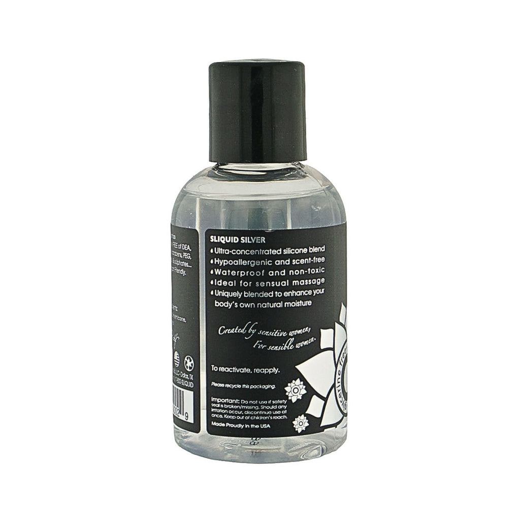 Sliquid Premium lubrication bottle label featuring hypoallergenic, scent free, waterproof and designed for natural moisture.