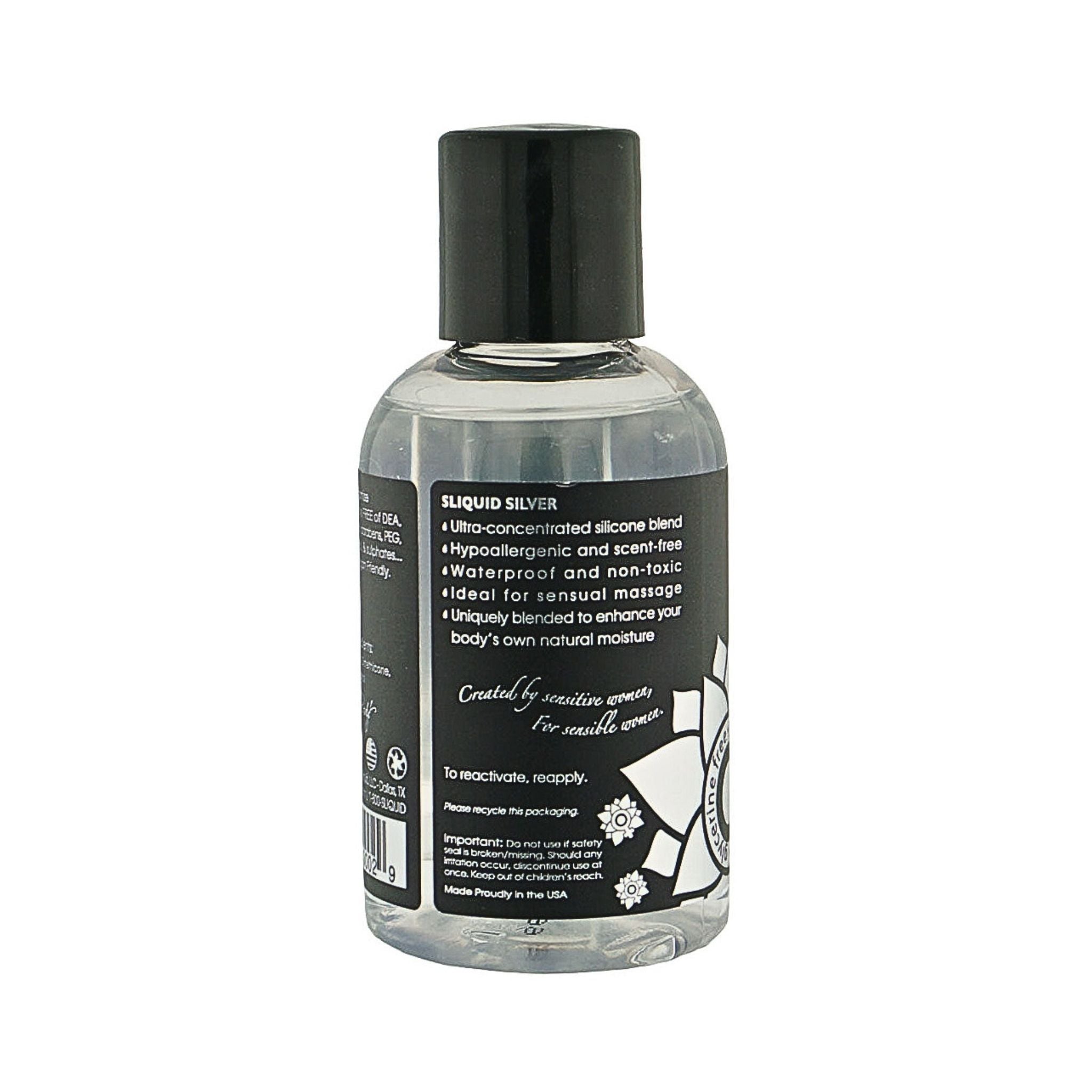 Sliquid Premium lubrication bottle label featuring hypoallergenic, scent free, waterproof and designed for natural moisture.