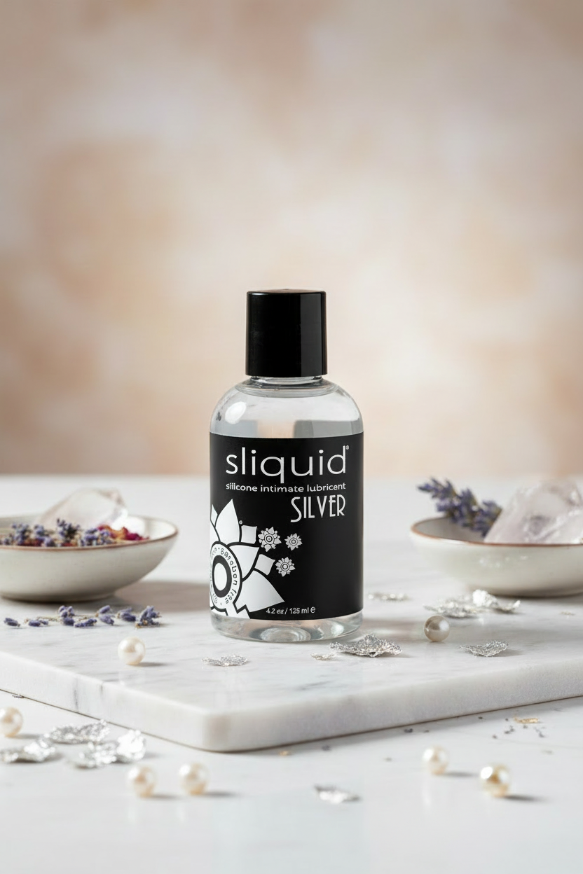 Sliquid Silver 4.2 oz bottle on marble for long-lasting menopause support.
