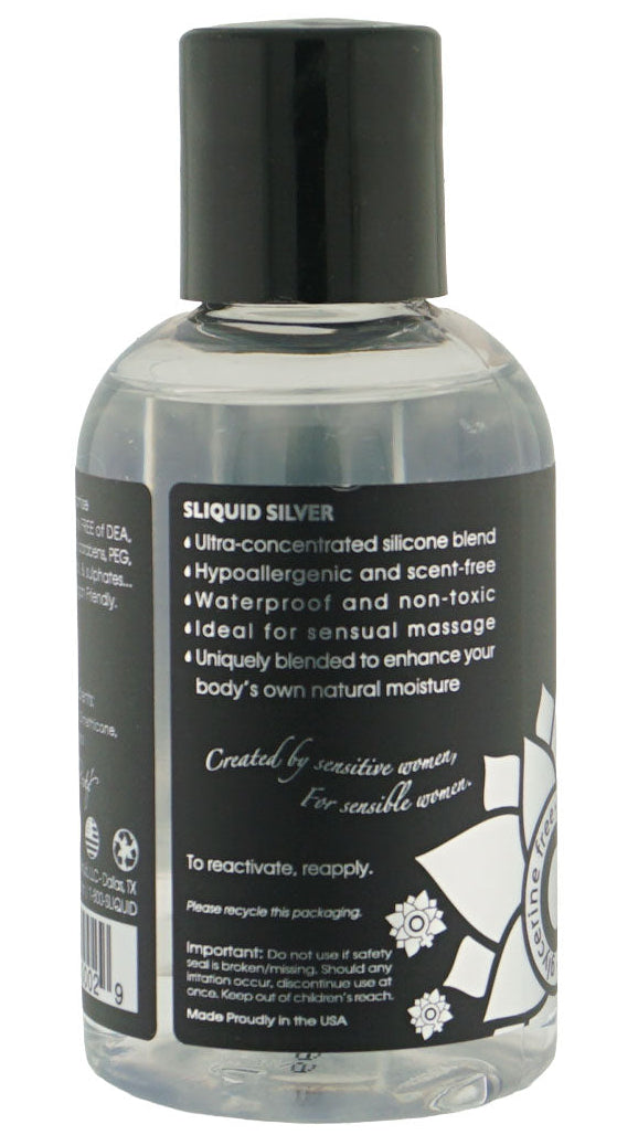 Sliquid Silver safety icons: Hypoallergenic, Scent-Free, Waterproof, and Non-toxic.