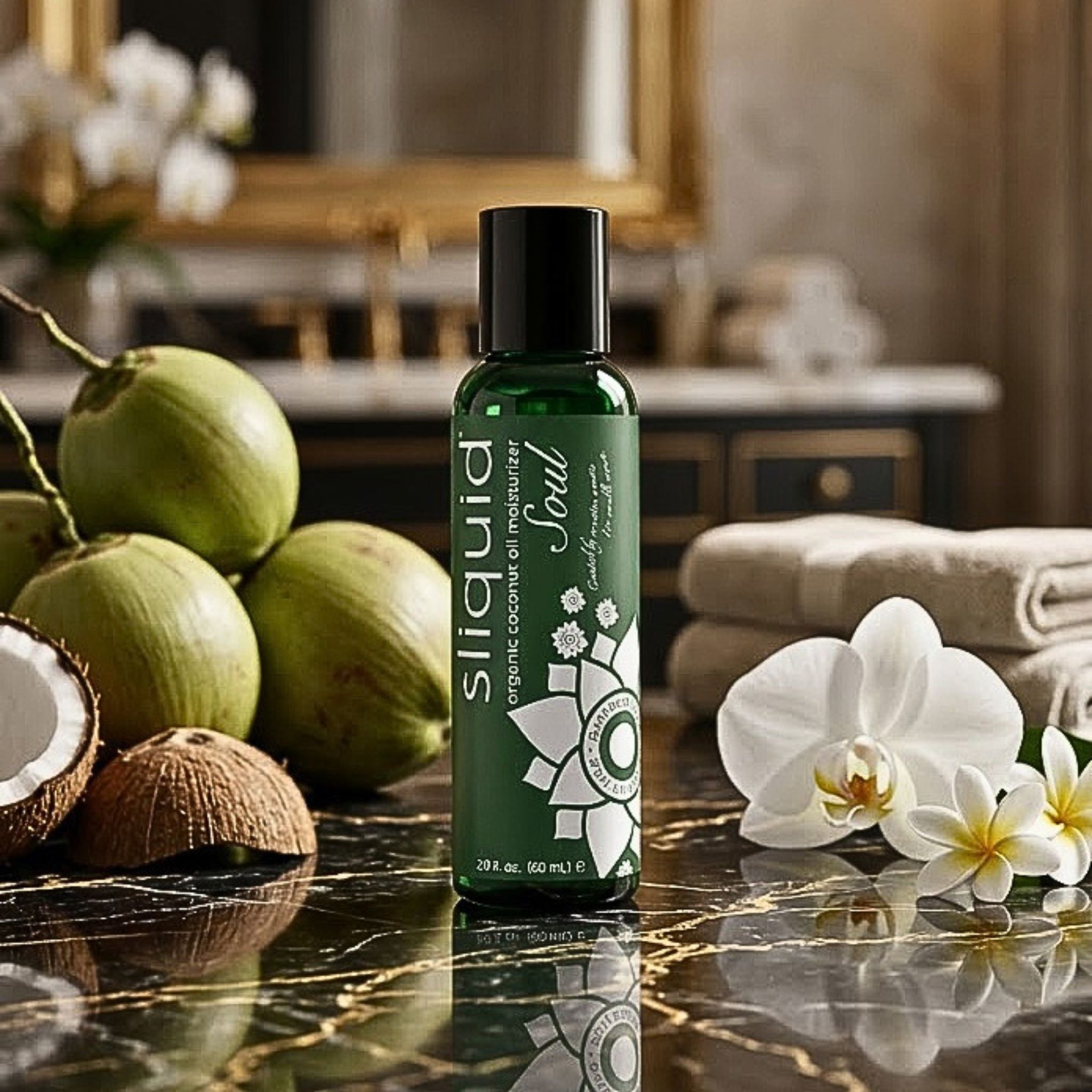 Sliquid Soul Organic Coconut Oil Moisturizer bottle displayed on a marble spa bathroom for warm and restorative skin elasticity.
