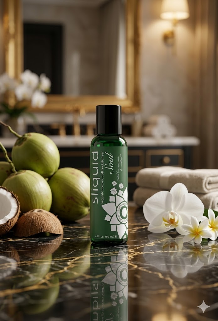 Sliquid Soul Organic Coconut Oil Moisturizer bottle displayed on a white marble pedestal in a luxury spa bathroom with fresh coconuts and white orchids for sensory-friendly wellness.
