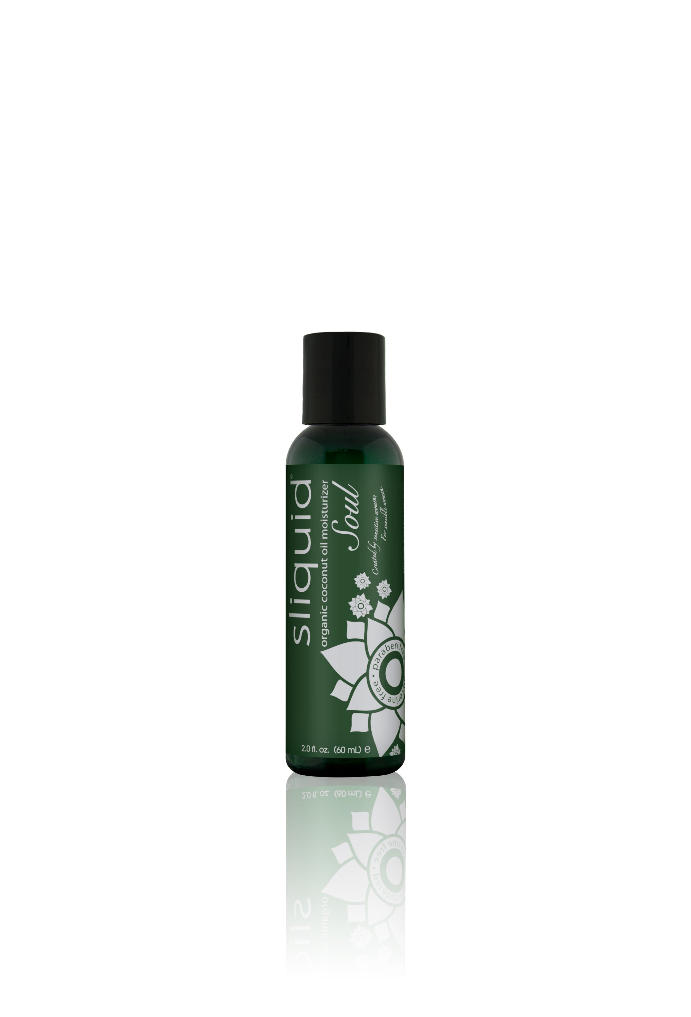 Sliquid Soul Organic Coconut Oil Moisturizer bottle displayed with a reflection