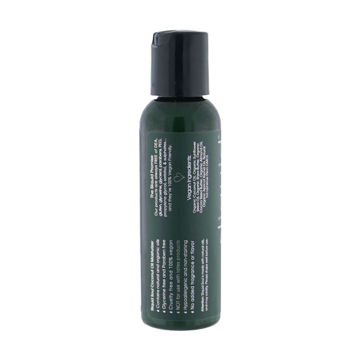 Sliquid Soul bottle back label listing ingredients and directions highlighting 100% vegan and cruelty-free.