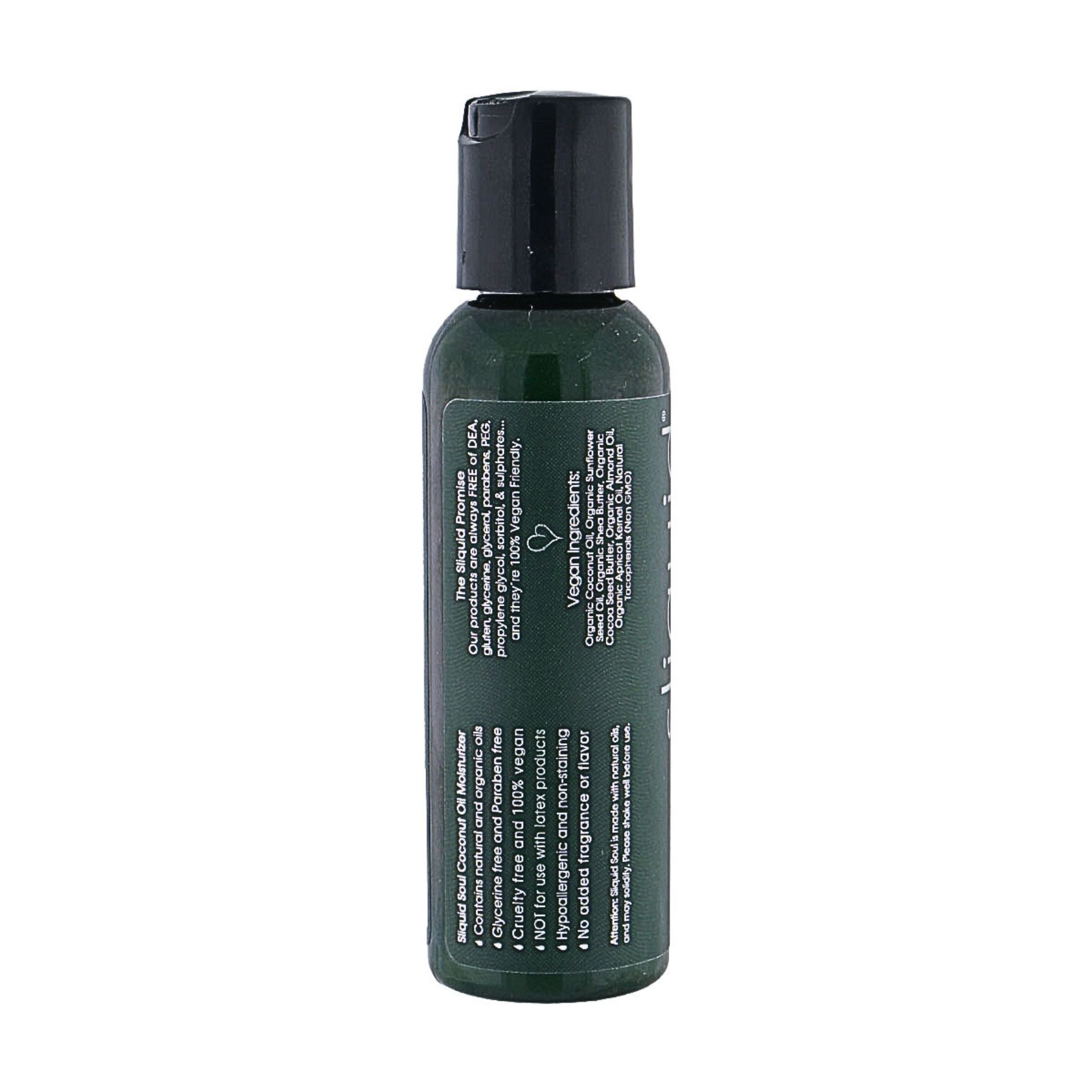 Sliquid Soul bottle back label listing ingredients and highlighting 100% vegan,  cruelty-free, and made in the USA.