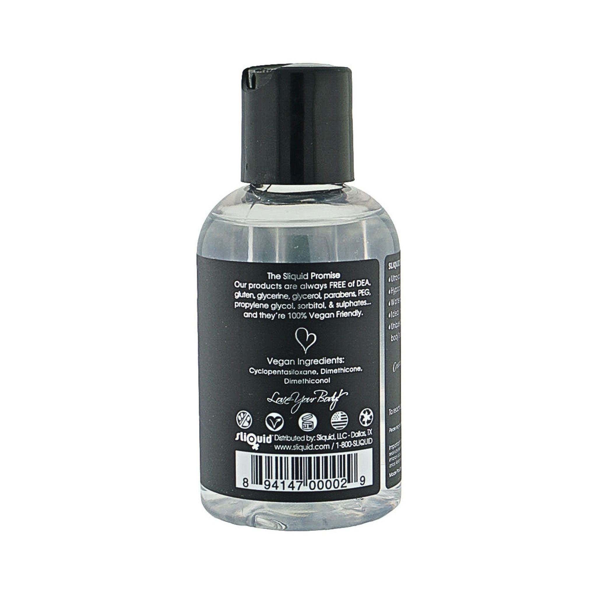 Sliquid ingredients with vegan ingredients, DEA-free, paraben-free, and glutin free, made in the USA symbol.