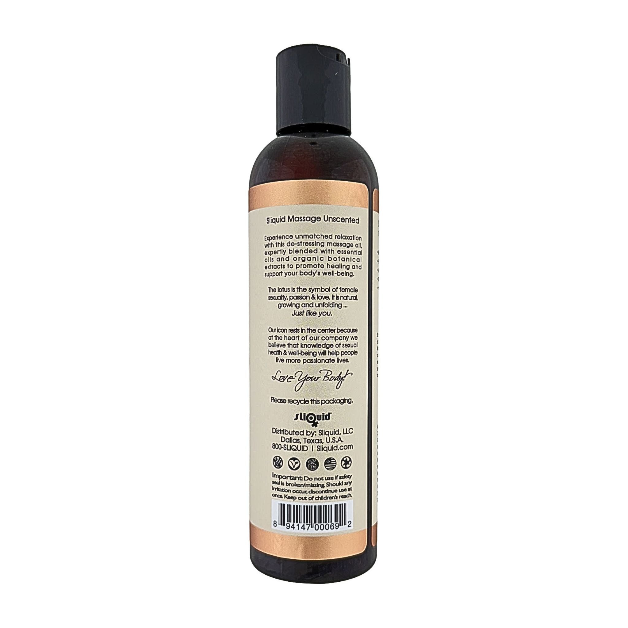 Sliquid unscented massage oil ingredient certification for no animal testing.