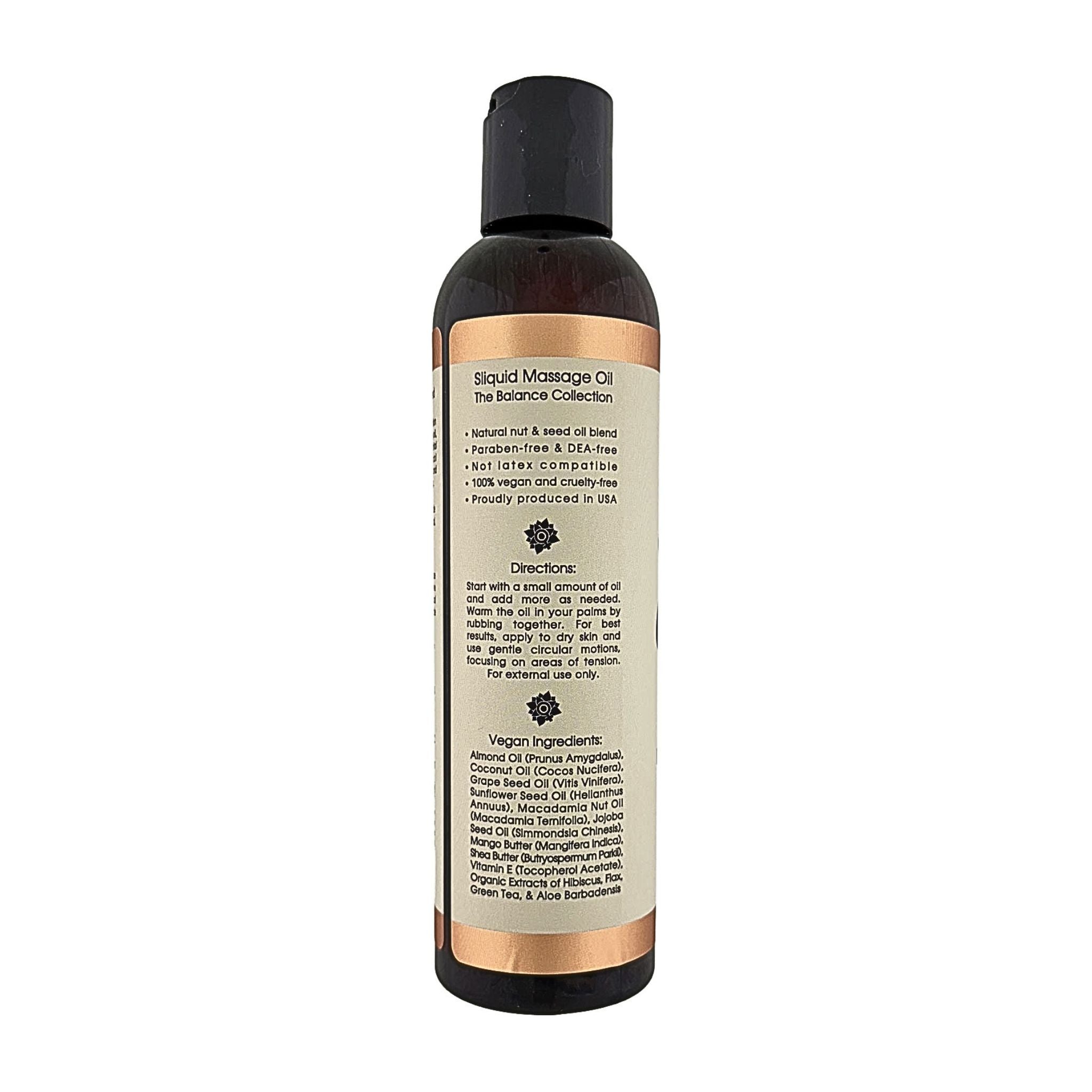 Sliquid unscented massage oil ingredient panel lists vegan, plant-based extracts.
